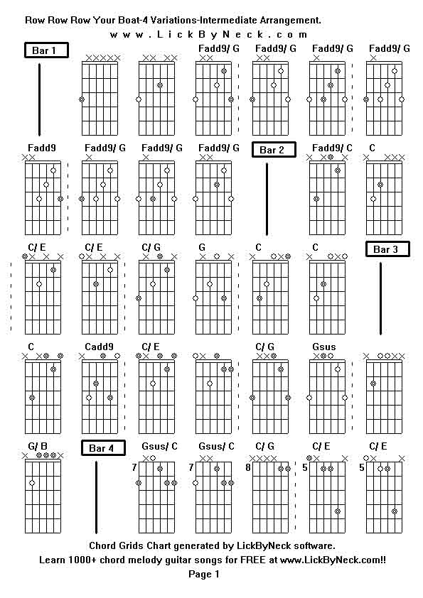 Chord Grids Chart of chord melody fingerstyle guitar song-Row Row Row Your Boat-4 Variations-Intermediate Arrangement,generated by LickByNeck software.